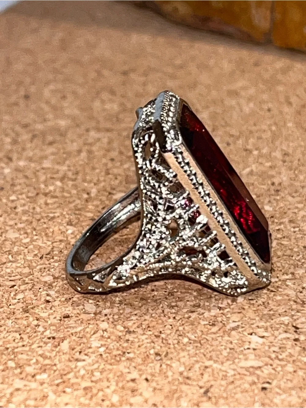 925 Sterling Silver Ruby Red Emerald Cut Cocktail Ring CZ Halo Filigree Size 6
